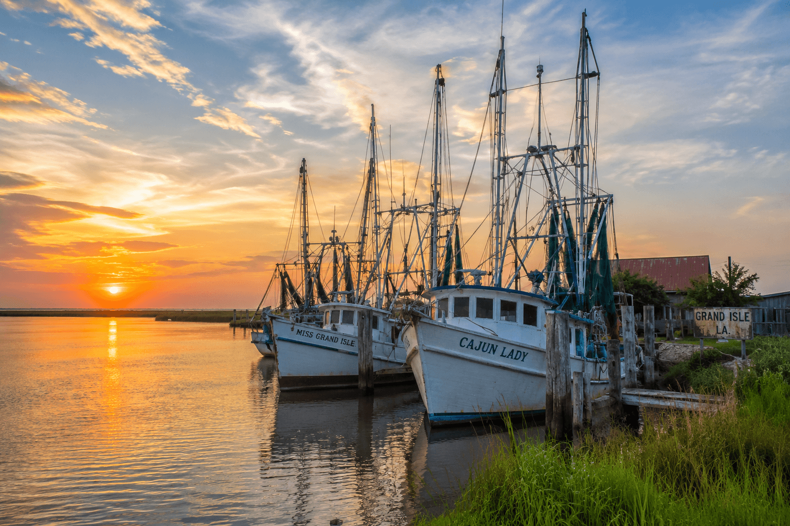 Two fishing boats at sunset by a calm waterway. Two fishing boats at sunset by a calm waterway.